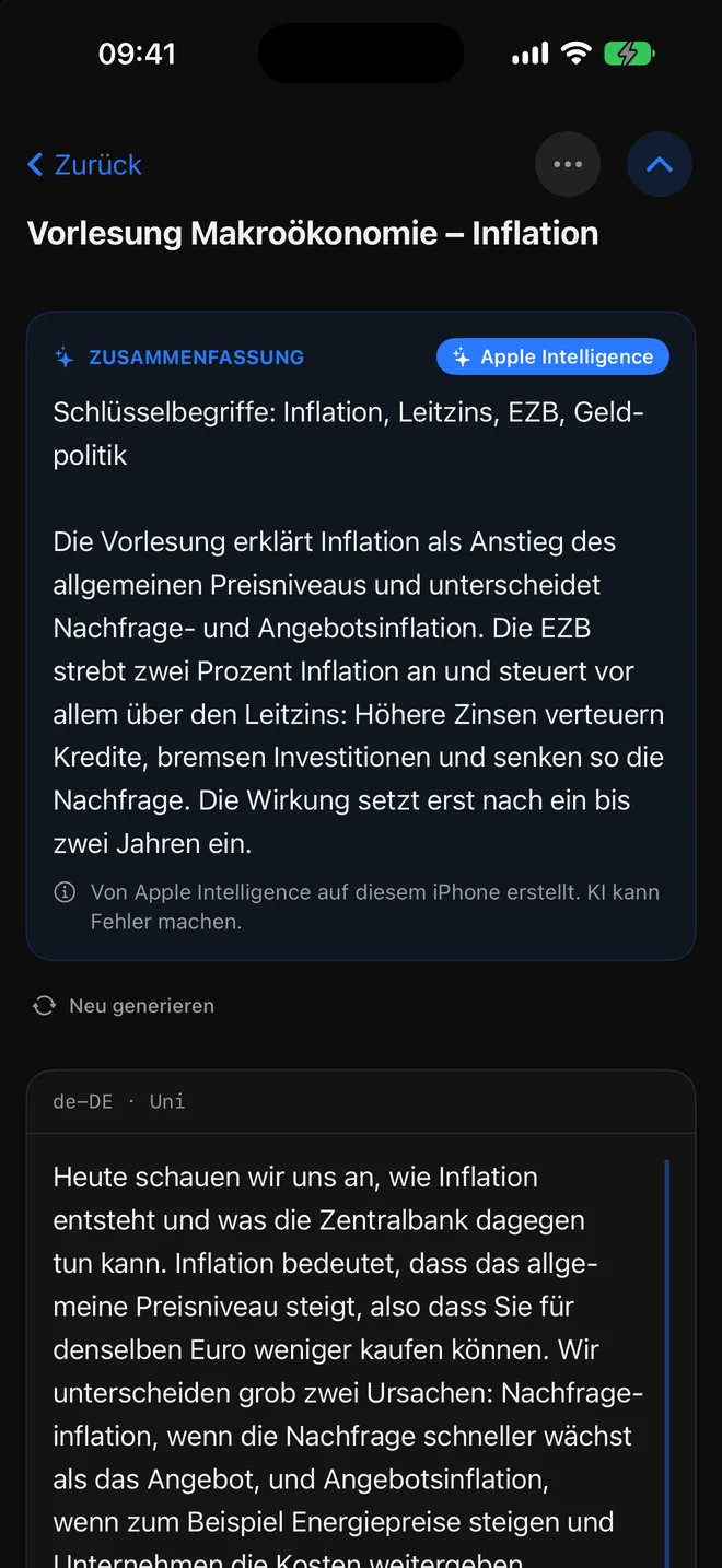 Zusammenfassung der Vorlesung von Apple Intelligence mit Schlüsselbegriffen und frei formuliertem Text